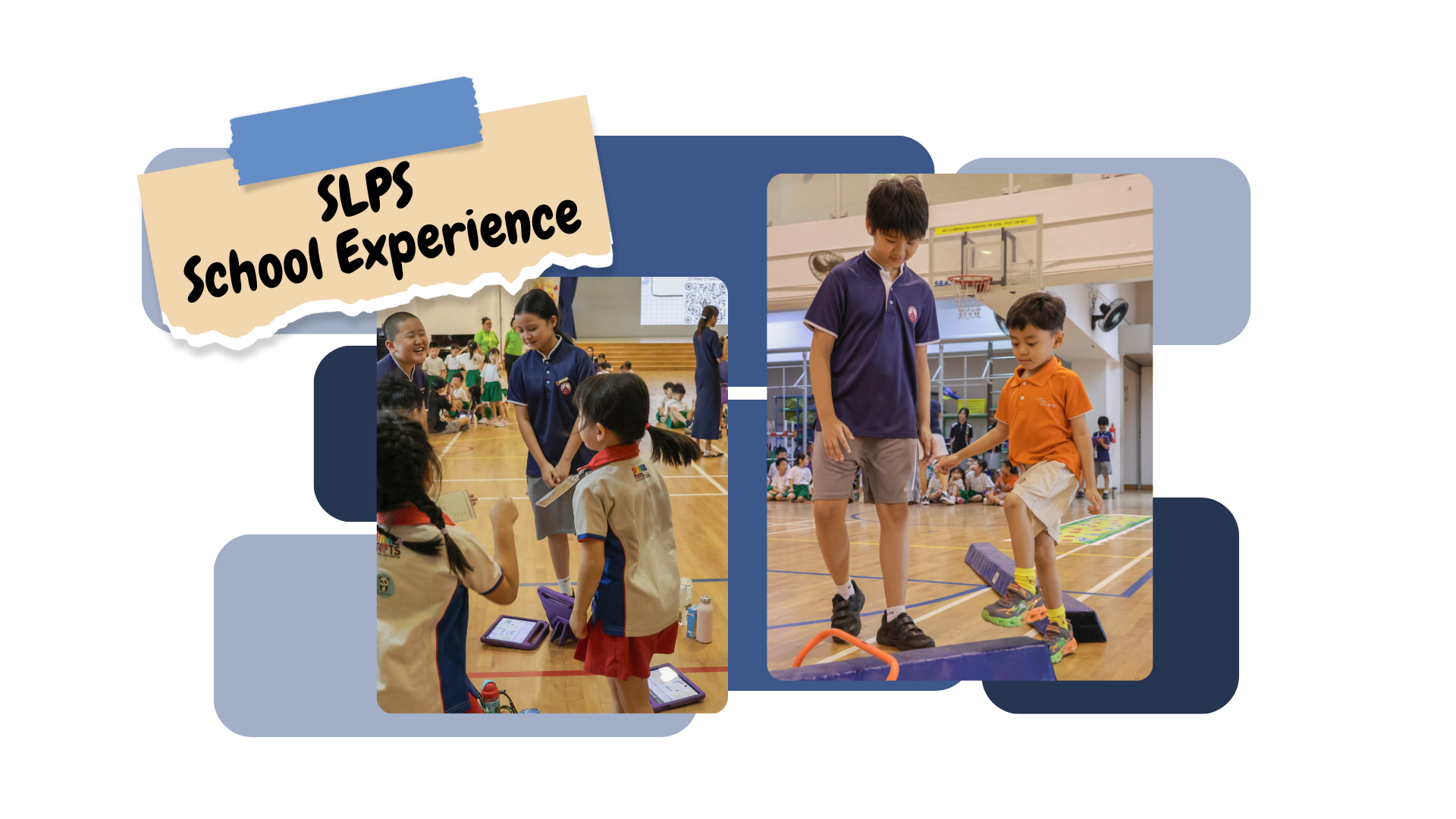 Two photos from the Kindergarten Outreach, showing student leaders guiding kindergarteners through activities in the school hall. In one photo, students interact warmly with kindergarteners around an iPad, while in the other, a student leader helps a kindergartener navigate a balance obstacle.